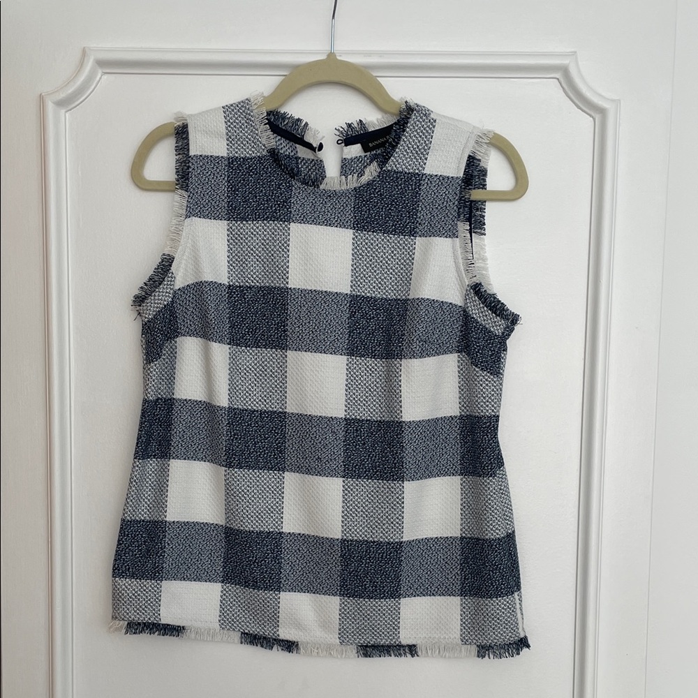 Banana Republic Sleeveless Buffalo Check Fringe Top - Navy & White